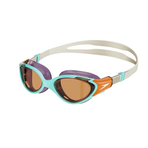 Image of Speedo Women's Biofuse 2.0 SwiMing Goggles | Female Design | Patented Adjust Mechanism | Anti-fog | Anti-leak | Comfort Fit, Marine Blue/Pumpkin Spice/Pale, One Size