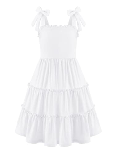 Image of Arshiner Girls Dresses Bow Tie Sundress Kids Cotton Summer Dress Sleeveless Swing Party Dress Off Shoulder Elegant Casual Dresses for Girls 11-12 Years White