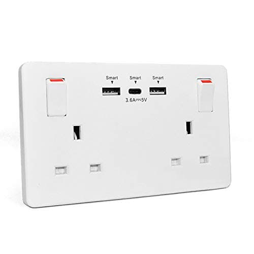 Image of Wall Socket Double Switched with 2USB and 1 Type C Fast Charging,13 Amp 2 Gang White Electric Socket