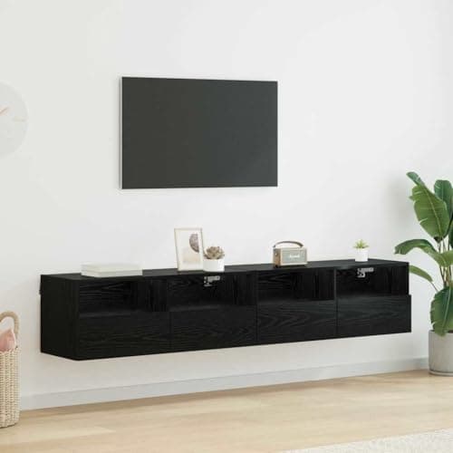 Image of Owoxanthellate TV Wall Cabinet Set of 2 Black Oak Floating Media Console 80 x 30 x 30 cm Engineered Wood Modern Storage Shelf Unit for Living Room Bedroom Corridor