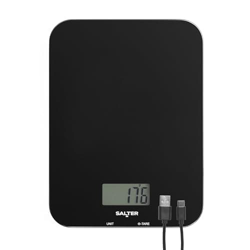Image of Salter SA00597FEU12 Rechargeable Kitchen Scale – Digital Food Weighing Scales for Cooking & Baking, Tare/Zero Function, USB Charging Cable Included, Measures Liquids/Fluids, Slim Design, 5kg Capacity