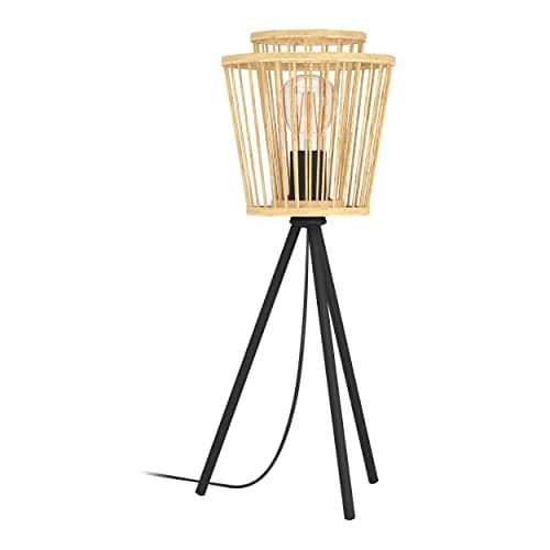 Image of Eglo Tripod Bedside lamp Hykeham, Boho Style Side Table Light, Decorative Living Room and Bedroom Lighting Made of Natural Bamboo Black Metal, E27 Socket