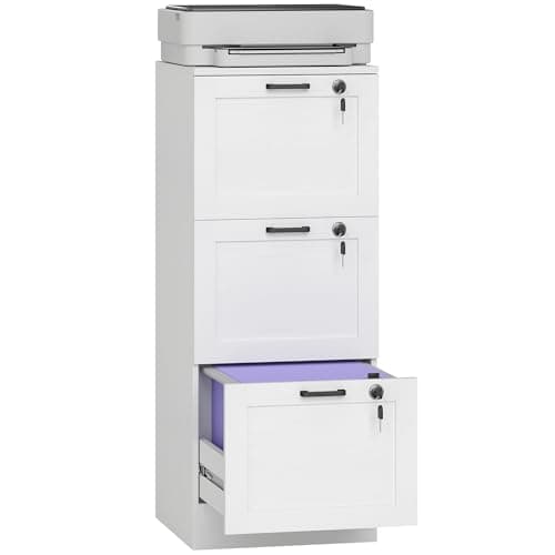 Image of HOMCOM 3 Drawer File Cabinet with Lock, Vertical Filing Cabinet with Adjustable Hanging Bars for A4 and Letter Size File Folders, Printer Stand with Storage, White