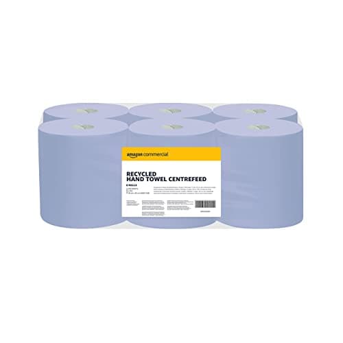Image of AmazonCommercial Multipurpose Wiping Paper, 2-ply Centrefeed, Blue Roll Recycled, 6 Rolls (1 pack), 450 Sheets per Roll, Sheet Size: 30 x 20 cm