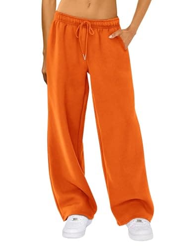 Image of ensswliz Women's Casual Joggers Sweatpants Solid Color Drawstring High Waist Wide Leg Pants with Pockets (Orange, M)