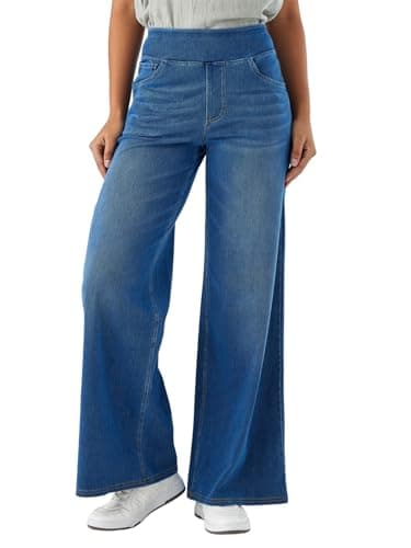 Image of SotRong High Elastic Waisted Baggy Wide Leg Pull On Jeans with Multiple Pockets Tummy Control Straight Leg Casual Loose Stretchy Curve Palazzo Denim Pants Medium Blue L