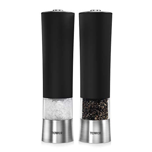 Image of Tower T80400 Electric Salt and Pepper Mill, Stainless Steel, Black
