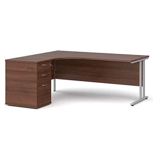 Image of Mr Office Maestro 25 left hand ergonomic desk with silver cantilever frame and desk high pedestal bundle, Walnut, 1800