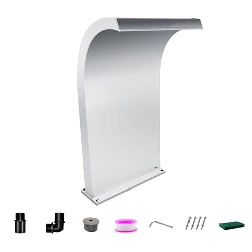 Image of LONGRUNNEW Waterfall Spillway Stainless Steel Pool Fountain Curved with Accessories, Pond Waterfalls S-Shaped Outdoor Water Spillway Fountains Kit for Garden Patio Swimming Pool Decoration-51cm Height