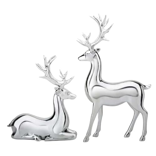 Image of 2Pcs Reindeer Christmas Decorations, A Pair of Reindeer Figurines- Shiny Electroplated Metal Surface, Non-Fading, Christmas Deer Ornaments for Living Room,Bedroom,Bookshelf,Desktop (Silver)