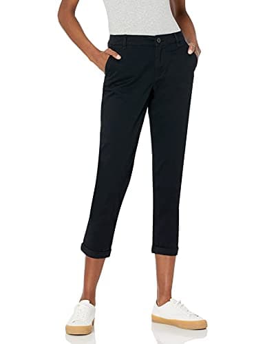 Image of Amazon Essentials Women's Mid-Rise Slim-Fit Stretchy Cropped Tapered Leg Khaki Trousers (Available in Plus Size), Black, 14