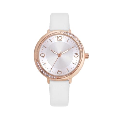 Image of COMTEX White Leather Strap Watch, Rose Gold Crystal Bezel Decoration, Arabic Numerals dial, Quartz Women's Watch