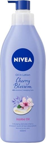 Image of NIVEA Oil In Lotion Cherry Blossom & Jojoba Oil (400ml), Replenishing Body Lotion with Floral Cherry Blossom Scent & Pampering Jojoba Oil, Long-Lasting 48H Moisturising Cream, NIVEA Body Lotion
