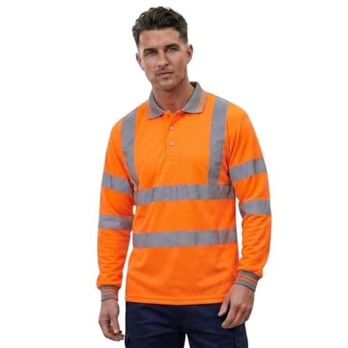 Image of Hi Vis Polo Shirt - High Visibility Safety Workwear with Reflective Stripes T Shirt, Available in Long Sleeve and Short Sleeve Work Top for Men and Women- (Long Sleeve Orange S)