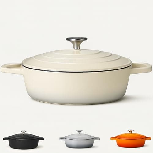 Image of Casserole Dish with Lid Medium 4L, 28cm – Lightweight Cast Aluminium Casserole Pan Shallow Induction Hob & Oven Safe, Durable Non-Stick Cooking Pot Stew, Roast (Cream, 28cm - Shallow)