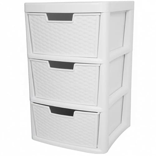 Image of ALEEZ - Large Plastic Drawer Storage Unit - Rattan Effect 3 Drawer Cabinet - Multipurpose Storage Organiser - Office, Tabletop Desktop Drawer - Bedroom Chest Drawer Unit - (White, 3 Drawer)