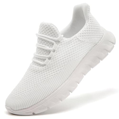 Image of ZDFQLGV Mens Running Shoes Walking Non Slip Trainers Casual Sneakers Gym Tennis Sport Jogging Workout Outdoor Lightweight Breathable Mesh Comfortable Fashion White UK Size 8