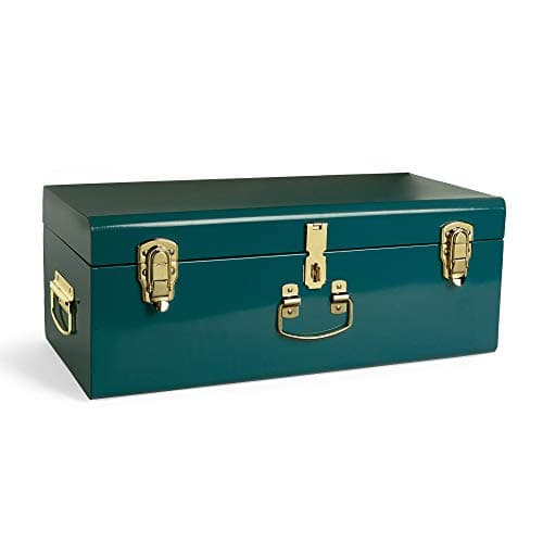 Image of Beautify Storage Trunk, Teal Stainless Steel Storage Chest w/Gold Detailing, Stylish Bedroom Chest Organiser w/Lockable Lid & Handles, Sturdy Multi-Purpose Bedding, Blanket & Toy Box