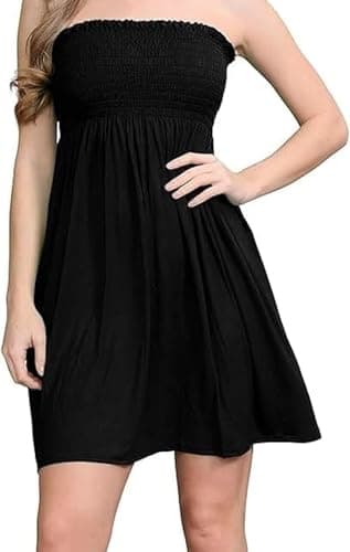 Image of KIKFIT Women’s Bandeau Mini Dress – Strapless Boob Tube Ruched Shirred Flared Summer Plain Holiday Beach Party Dress for Women UK Sizes 8-22 (as8, Regular, Regular, Black 12-14)
