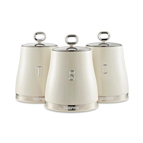 Image of GEEPAS Retrovive 3-Piece Tea Coffee Sugar Canisters Set | 1.4L Airtight Stainless Steel Lids & Durable Carbon Steel Body | Kitchen Storage Canisters Keeps Contents Fresh Aromatic & Flavourful | Cream