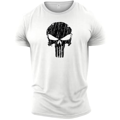 Image of GYMTIER Skull Men's Gym T-Shirt Bodybuilding Training Workout Lifting Top Clothing, White, XL