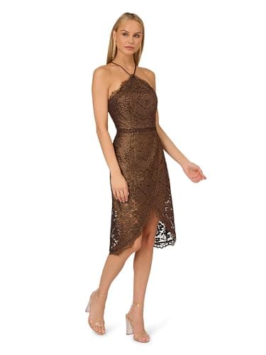 Image of Adrianna Papell Women's Foil Lace Halter Dress, Bronze, 8