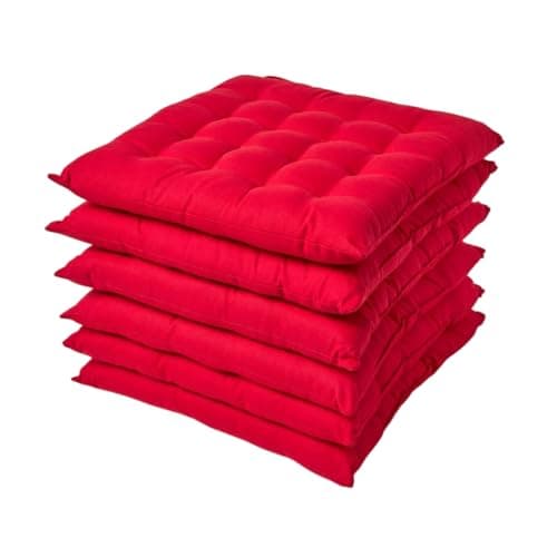 Image of HOMESCAPES Red Seat Pads for Dining Chair, Set of 6 100% Cotton Chair Pads with Straps, 40x40 cm