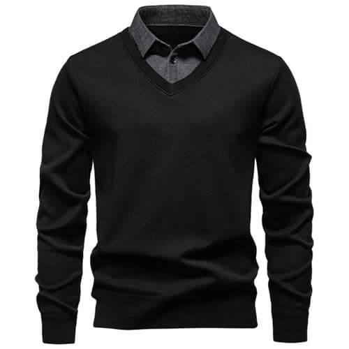 Image of Men's Jumper with Mock Collar Sweater Men V Neck Plain Classic Polo Shirt Long Sleeve Jumpers Lightweight Soft Comfy Knitted Jumper Mens Sweatshirt Casual Business Basic Knitwear Plus Sizes Black
