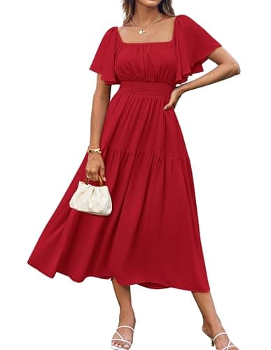 Image of GRACE KARIN Women Casual Short Sleeve Square Neck Summer Dress Flowy Maxi Dress for Wedding Guest Red L