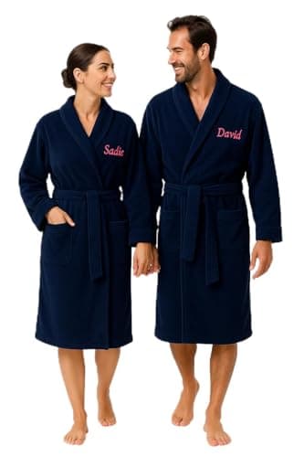 Image of Personalised Dressing Gowns for Women & Men | Embroidered Toweling Bathrobe for Adults | Cotton Loungewear Perfect for His & Her Gifts | Spa & Shower Robe With Collar & Pocket | Navy Blue Small/Medium