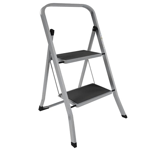 Image of Home Vida 2 Step Ladder - Heavy Duty Steel Folding Ladder with Slip-Resistant and Wide Steps, Folding Mechanism, 150kg Max Load, Home/Kitchen/DIY/Garden Use, Grey