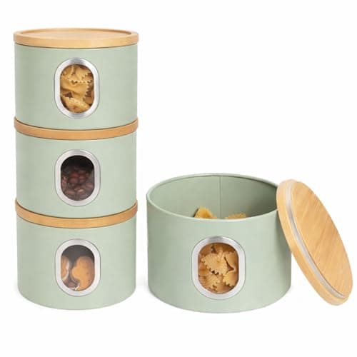 Image of LENAK Tea Coffee Sugar Canister Set, Stackable Airtight Food Storage, Kitchen Storage Containers, Jars Tin With Transparent Window (Sage Green)