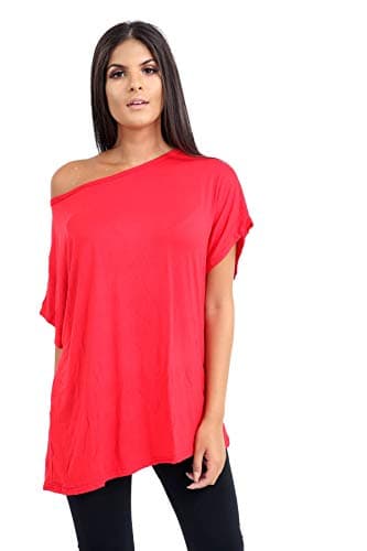 Image of janisramone® Women's Off The Shoulder Batwing Top, Bardot Baggy Style Oversized T Shirt for Women - New Plain Fashionable Ladies Tops for Casual & Party Wear Red
