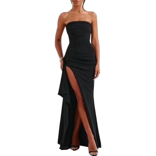 Image of XIWCAFC Women's Formal Evening Dress Sexy Off Shoulder Long Maxi Dresses Sleeveless Floor Length Slit Ball Gowns Elegant Wedding Bodycon (UK, Alpha, M, Regular, Regular, Black)