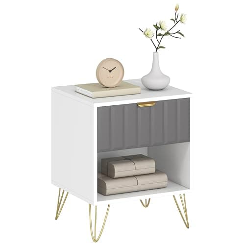 Image of HOMCOM Bedside Table with Drawer, Modern Bedside Cabinet with Open Compartment and Handle, Bedside Drawers for Bedroom, Living Room, White