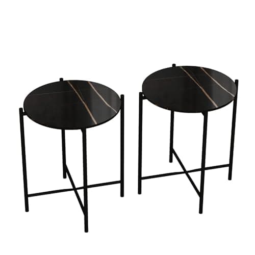 Image of URBNLIVING Set of 2 Pcs Marble Effect Square Round Tops Side End Coffee Table Metal Frame