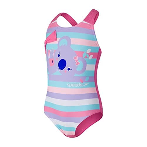 Image of Speedo Infant Girl's Learn to Swim Printed Crossback Swimsuit | Chlorine Resistant | Recycled Fabric | Stretchy Fabric , Hard candy/Galinda/Powder blush/Marine Blue/Beautiful Blue, 2 Years