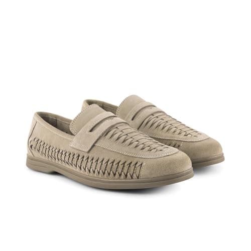 Image of Silver Street London Men's Perth Suede Leather Step-in Loafer with Woven Panels, Sand, 8
