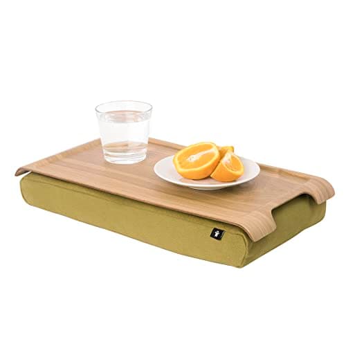 Image of Bosign Laptray with bean bag cushion. Portable Lap desk for Laptop, Breakfast, Dinner. Washable, removable cushion cover. Natural Willow wood. Olive green cushion. MINI (43x23x6,5 cm)