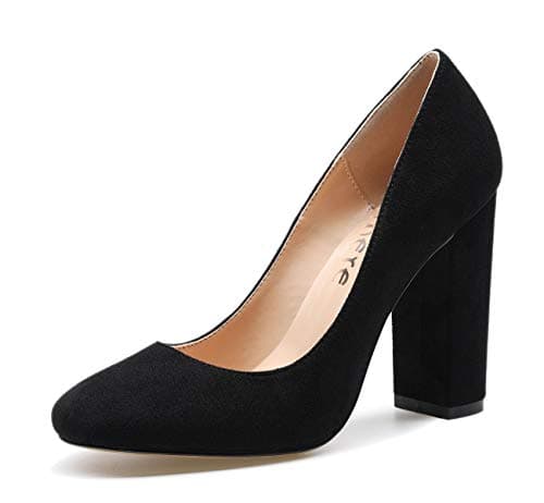 Image of Castamere High Heels Women's Block Heels Round Toe Slip-on Court Shoes 4IN Heeled Suede Black Pumps UK 3.5