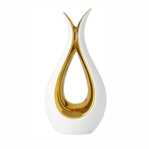 Image of White & Gold Ceramic Flower Vase – 23cm Modern Minimalist Home Ornament, Slim Water-Tight Design for Small Fresh or Dried Flowers, Elegant Living Room Decoration for Couples