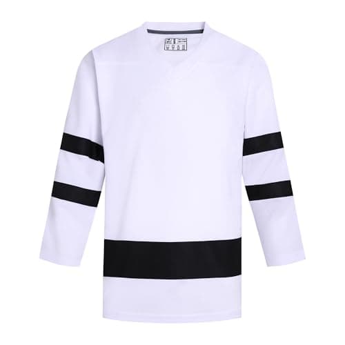 Image of Pullonsy Blank Men's Ice Hockey Jerseys for Adult Unisex Authentic Team Game Shirts Long Sleeve Sports Fan Tops, White Jersey-black Stripe, 3XL