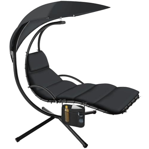 Image of tectake® Hanging Garden Chair with UV-Protected Sun Canopy, Headrest & Steel Frame, Padded Garden Swing with Non-Slip Caps & Pocket - Ergonomic Hammock with Stand for Patio, Garden & Balcony - Black
