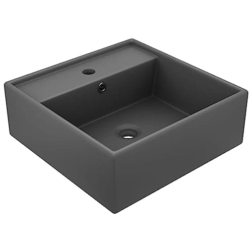 Image of vidaXL Luxury Ceramic Wash Basin, Square Design, Matt Dark Grey Finish, 41x41 cm, with Overflow & Faucet Hole, Suitable for Bathroom/Washroom/Powder Room, Modern Aesthetic