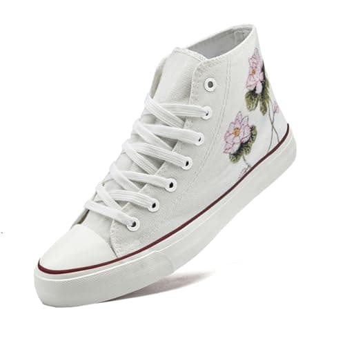 Image of xinran & shengli Women Men High Top Canvas Shoes Ladies Cushioned Support Sneakers Lace Up Casual Tennis Trainers White Lotus Pattern Size 3.5