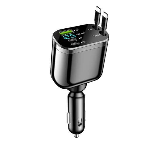 Image of TECHNOPLAY Retractable TRUCK SUV CAR Charger 5 in 1 PD Fast Charger Adapter with Dual Cables and Voltage Display USB/USB-C Ports Compatible with i-Phones 16/15/14/13/12/Saamsungs 25/24/23/22/I-pads