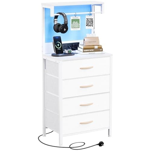 Image of MUTUN Bedside Table with Charging Station, Bedside Cabinet with LED Light, Nightstand with Wood Shelf, 4 Fabric Drawers Side Table for Bedroom, White