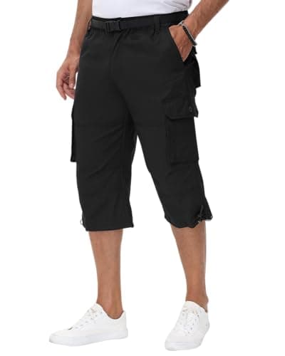 Image of NANAMEEI Shoers for Men Three Quarter Length Cargo Shorts Running Shorts 3/4 Length Activewear Shorts,Black,XL