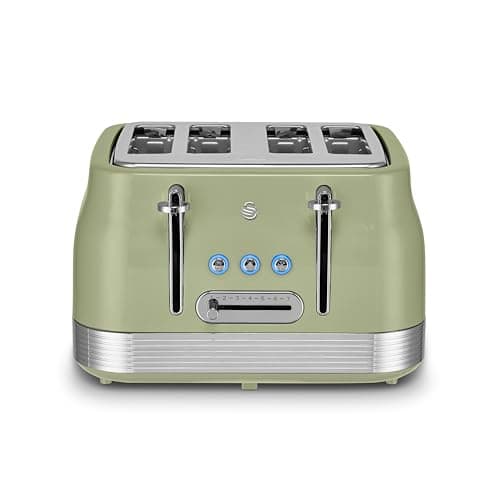 Image of Swan ST19029GRN Retro 4 Slice Toaster with 7 Browning Levels, Removable Crumb Trays, Defrost, Reheat and Cancel Functions, Hidden Cord Storage, Non-Slip Feet, 1860W, Green and Stainless Steel