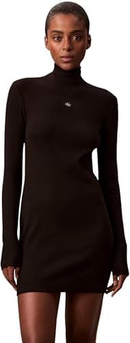 Image of Calvin Klein Women's LS Woven Label 2X2 Rib MINI DRES LV047E204G Dresses, Black (Black), L